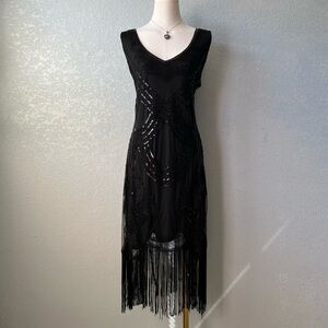 Vintage 1920s Style Black Beaded Fringe Flapper Dress Art Deco Gatsby Party XL